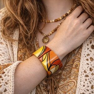 Vintage 1960s Chunky Wood Bracelet Hand Painted Geometric Statement Retro Boho